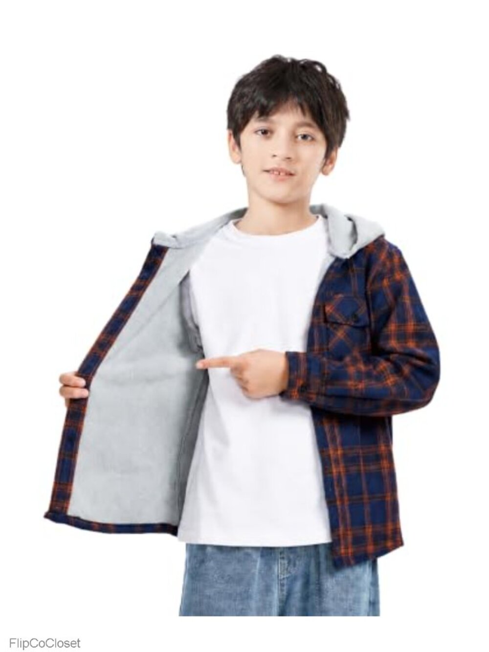 Kids Fleece-Lined Hooded Plaid Flannel Shirt Jacket Button Up